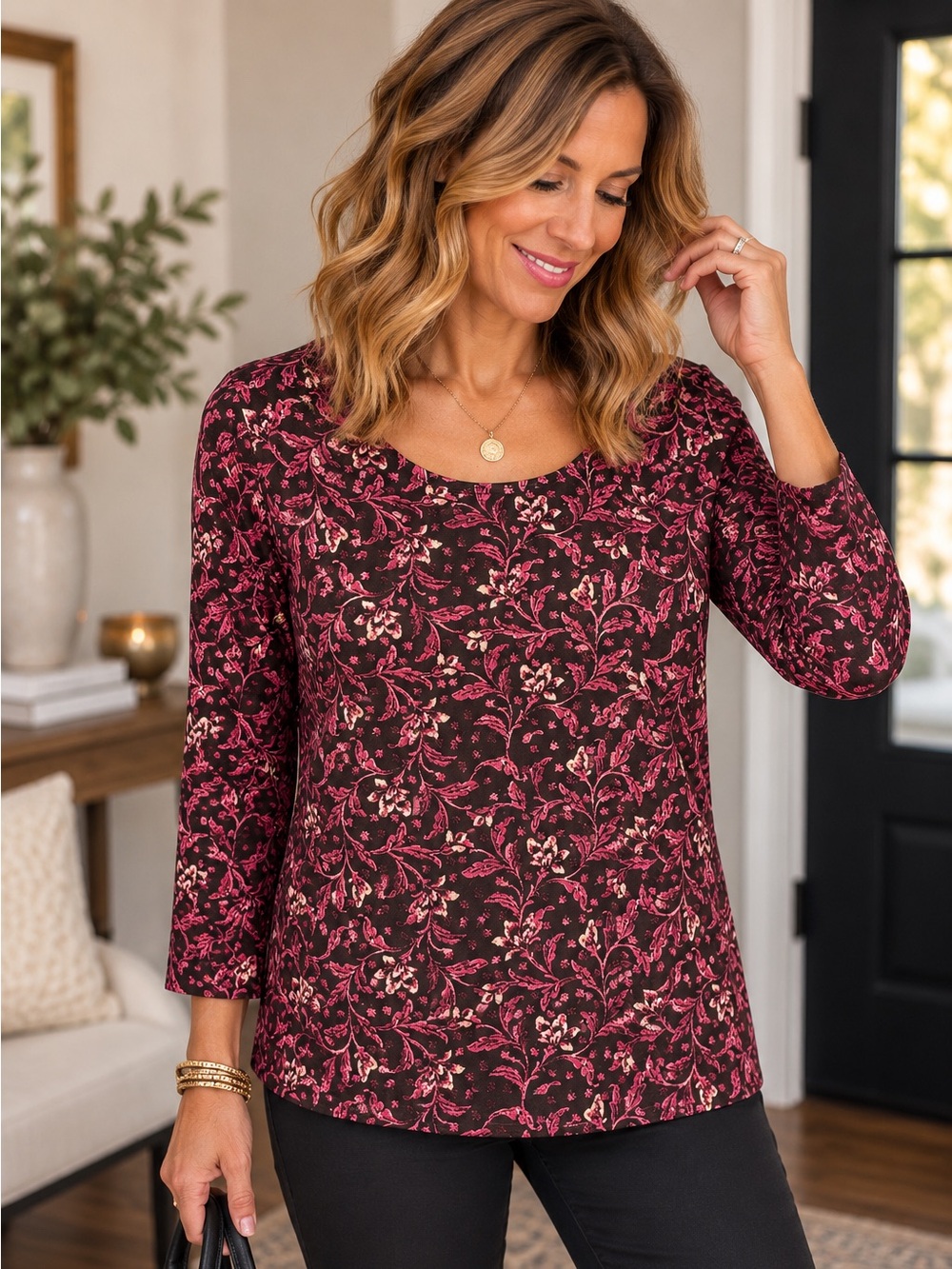 JM Collection Pink Floral Scoop Neck Long Sleeve Top on Black